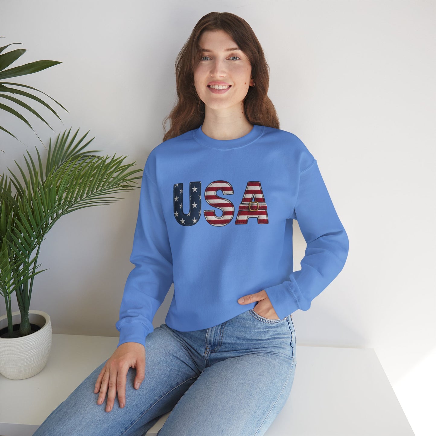 Faux Patchwork USA Sweatshirt, Patriotic Quilt Style Top, Rustic Americana Crewneck, 4th of July Shirt, Country USA Sweater, Vintage Flag Top