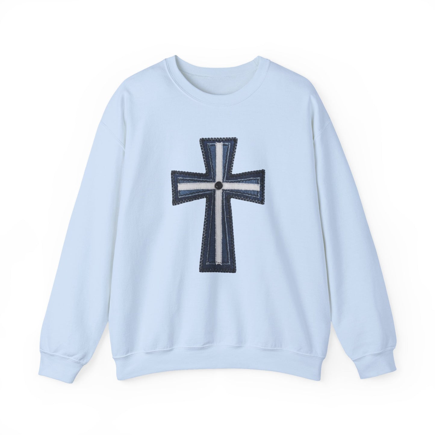 Faux Patchwork Cross Sweatshirt, Christian Patchwork Style Crewneck, Faith Gift for Women Men, Rustic Cross Sweatshirt, Religious Xmas Gift