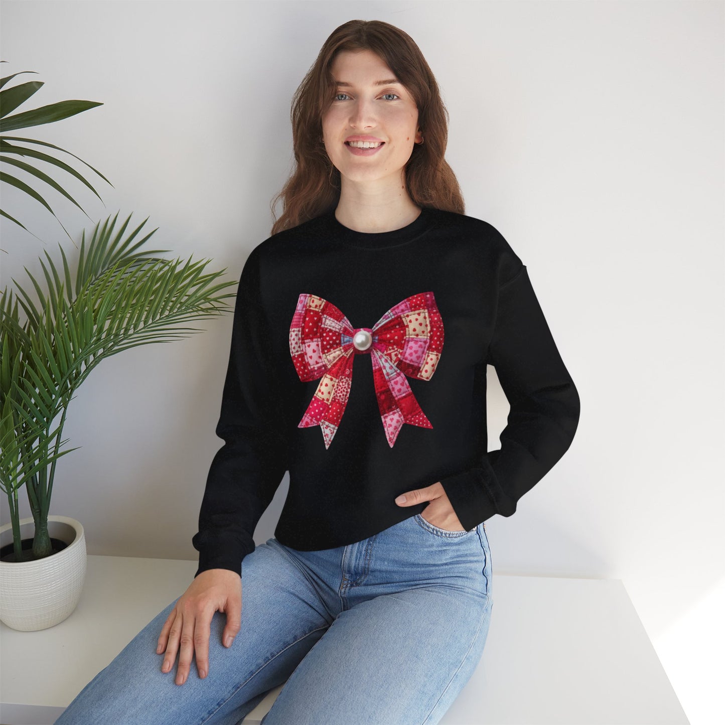 Faux Patchwork Bow Sweatshirt, Quilted Look Bow Crewneck, Pearl Bow Pullover, Cozy Coquette Sweatshirt, Girly Valentine Gift