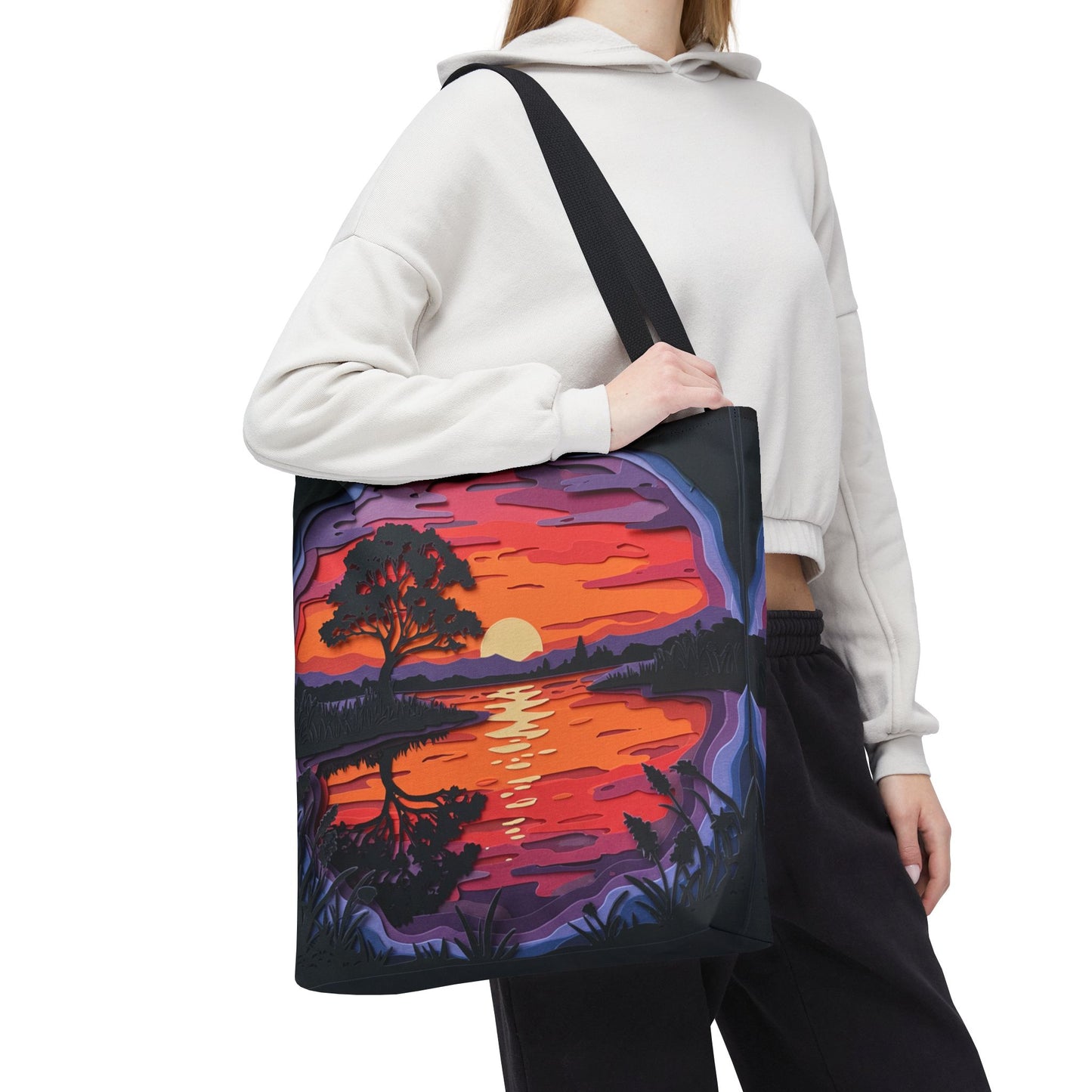 Sunset Landscape Canvas Tote Bag – Paper‑Art Inspired Nature Scene Tote – Colorful Sunset Market Tote, Eco Reusable Beach Bag, Vibrant Gift for Her
