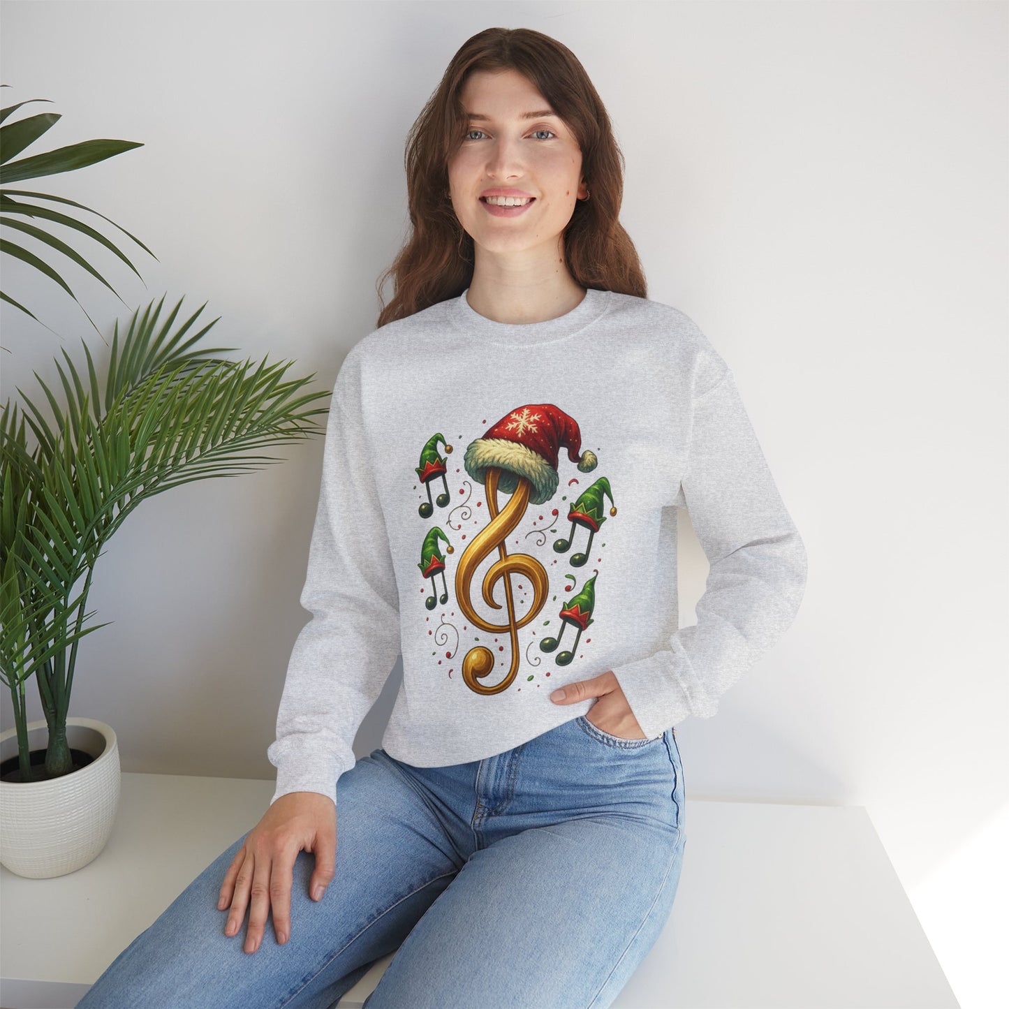Christmas Music Note Sweatshirt, Holiday Treble Clef Sweater With Santa Hat, Festive Music Lover Gift, Cozy Winter Crewneck Unisex Top