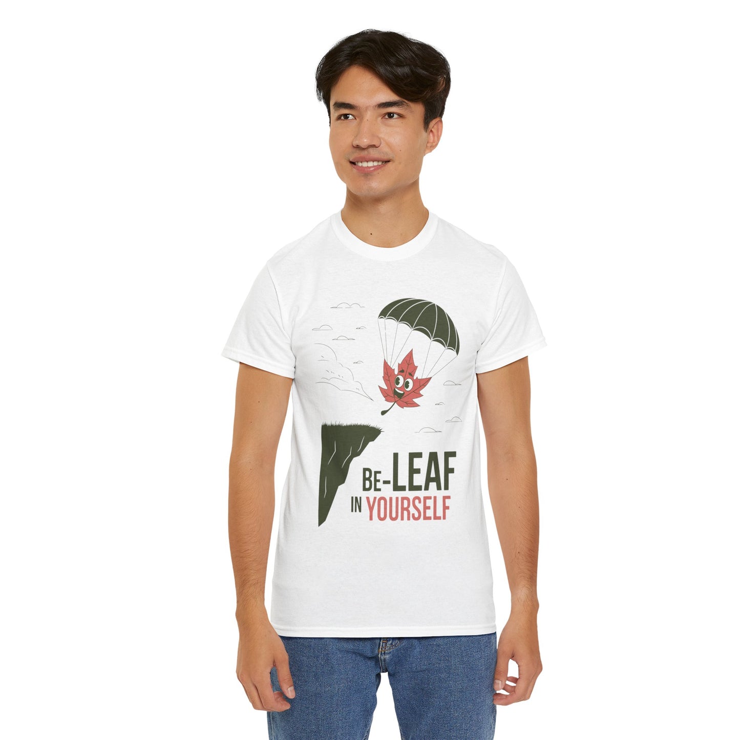 Be-Leaf In Yourself Maple Leaf Parachute T-Shirt | Funny Motivational Nature Graphic Tee | Self-Love Fall Autumn Shirt | Outdoorsy Gift