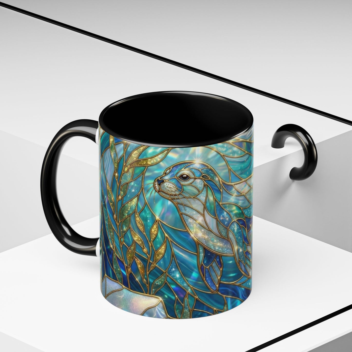 Seal Coffee Mug, Stained Glass Seal Mug, Cute Marine Animal Art Mug, Ocean Lover Gift, Unique Ceramic Coffee Cup, 11oz 15oz Coastal Mug
