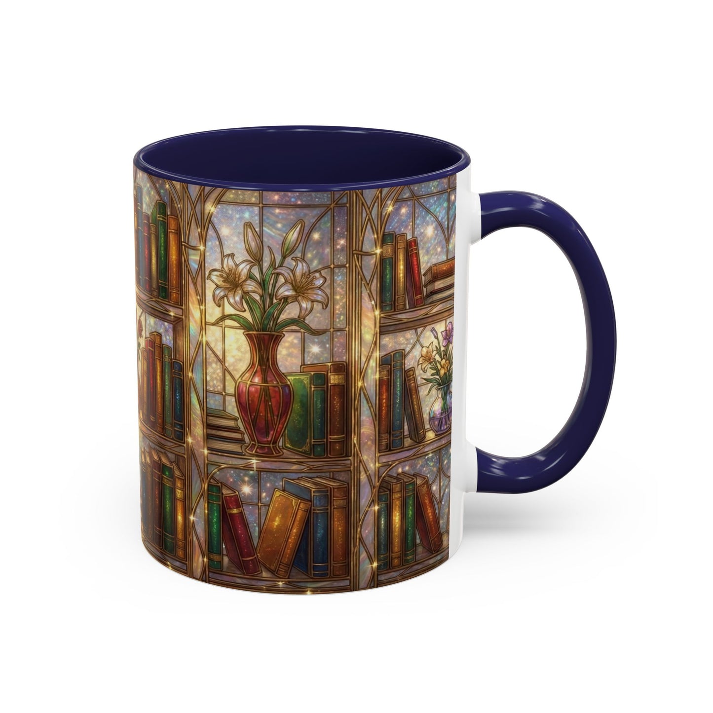 Stained Glass Books Mug, Book Lover Coffee Mug, Cozy Library Mug, Bookish Gift For Readers, Dark Academia Mug, Floral Bookshelf Cup