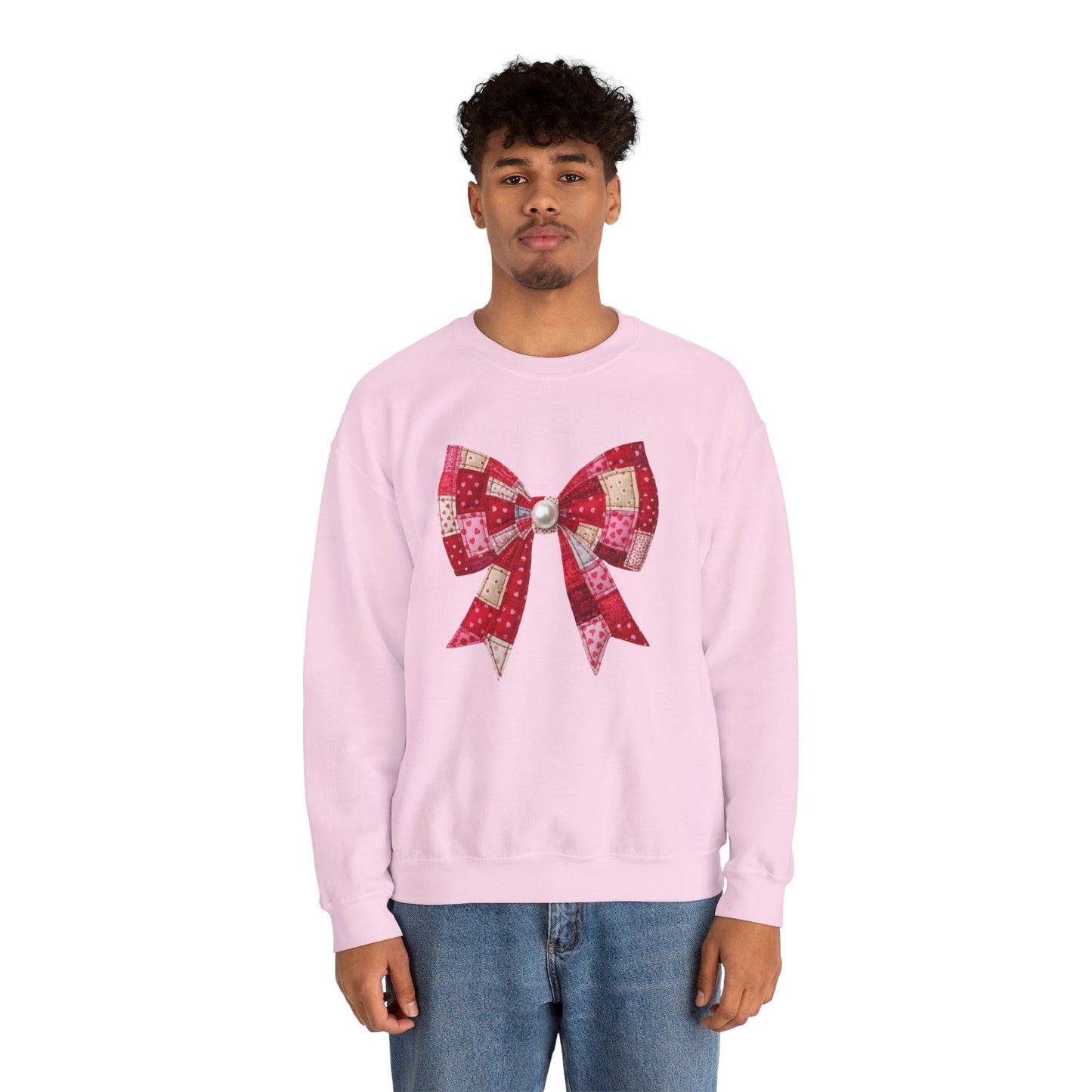 Faux Patchwork Bow Sweatshirt, Quilted Look Bow Crewneck, Pearl Center Bow Pullover, Cozy Coquette Sweatshirt, Girly Gift