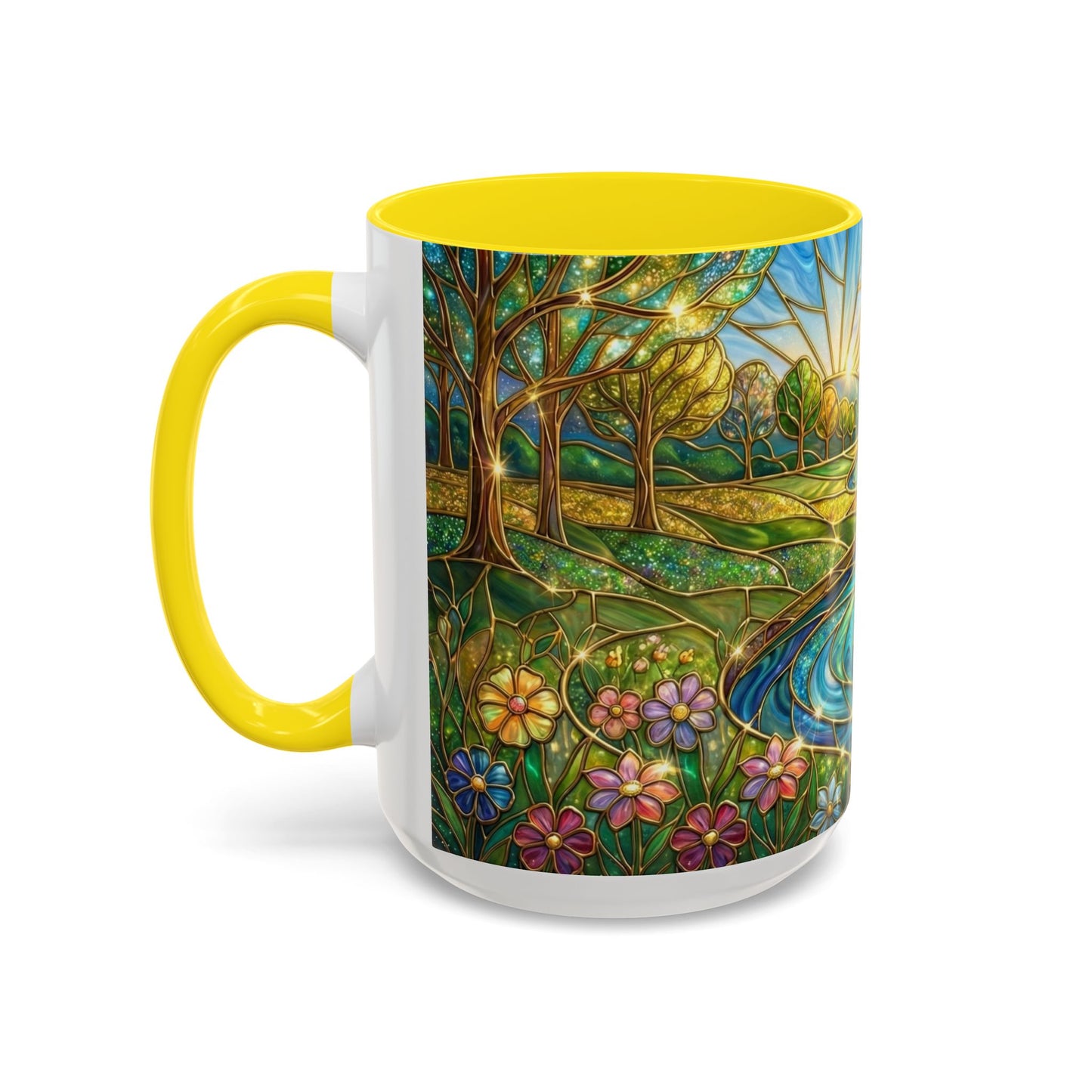 Stained Glass Mug, River Landscape Coffee Cup, Nature Lover Gift, Floral Tea Mug, Gardener Present, Art Teacher Gift, Colorful Scenery Cup