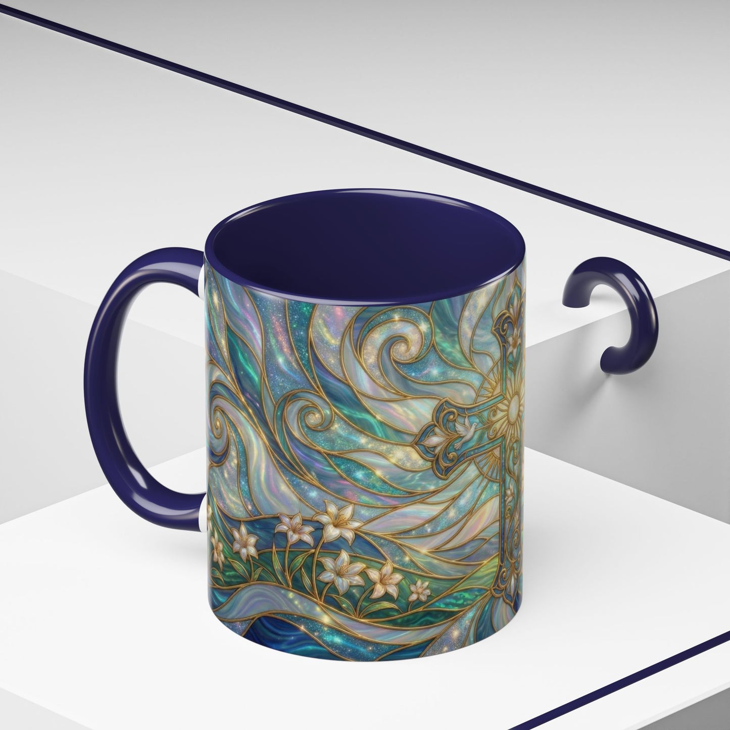 Stained Glass Cross Mug, Christian Coffee Cup, Religious Easter Gift, Celestial Faith Mug, Spiritual Sunrise Cup, Dove Lily Print Mug