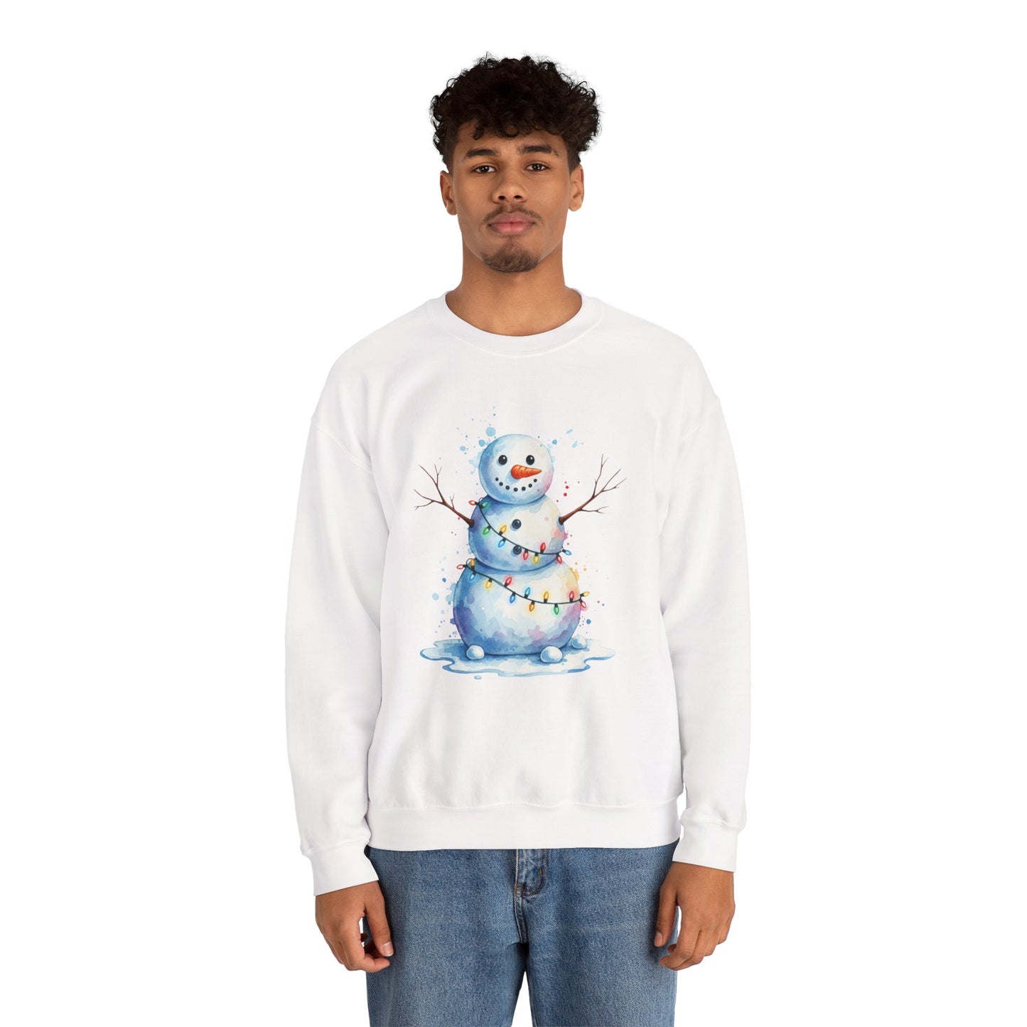 Watercolor Snowman Christmas Sweatshirt, Cute Snowman Crewneck for Winter, Holiday Lights Snowman Sweater, Cozy Unisex Christmas Gift