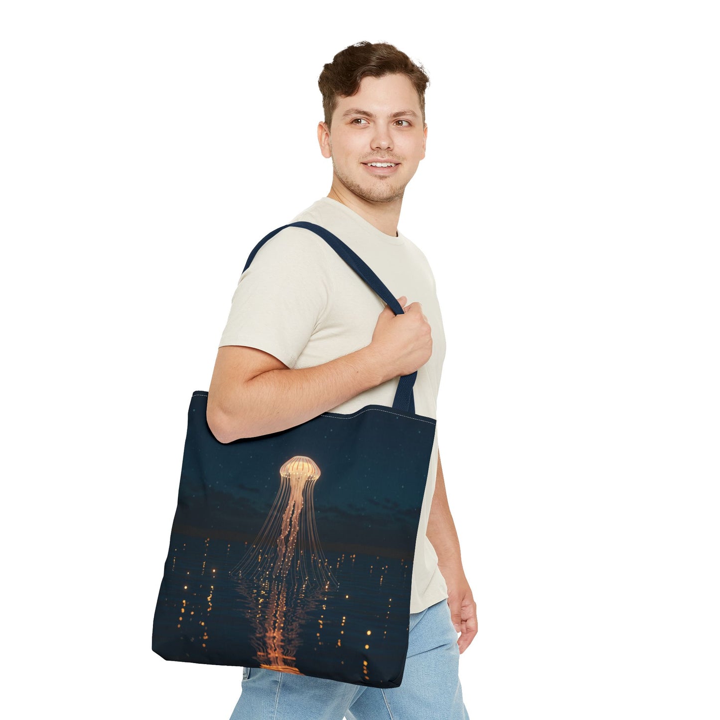 Luminous Jellyfish Tote Bag, Glow-Inspired Ocean Design Shoulder Bag, Durable Polyester Tote For Everyday Style, Gifts, And Coastal Fashion