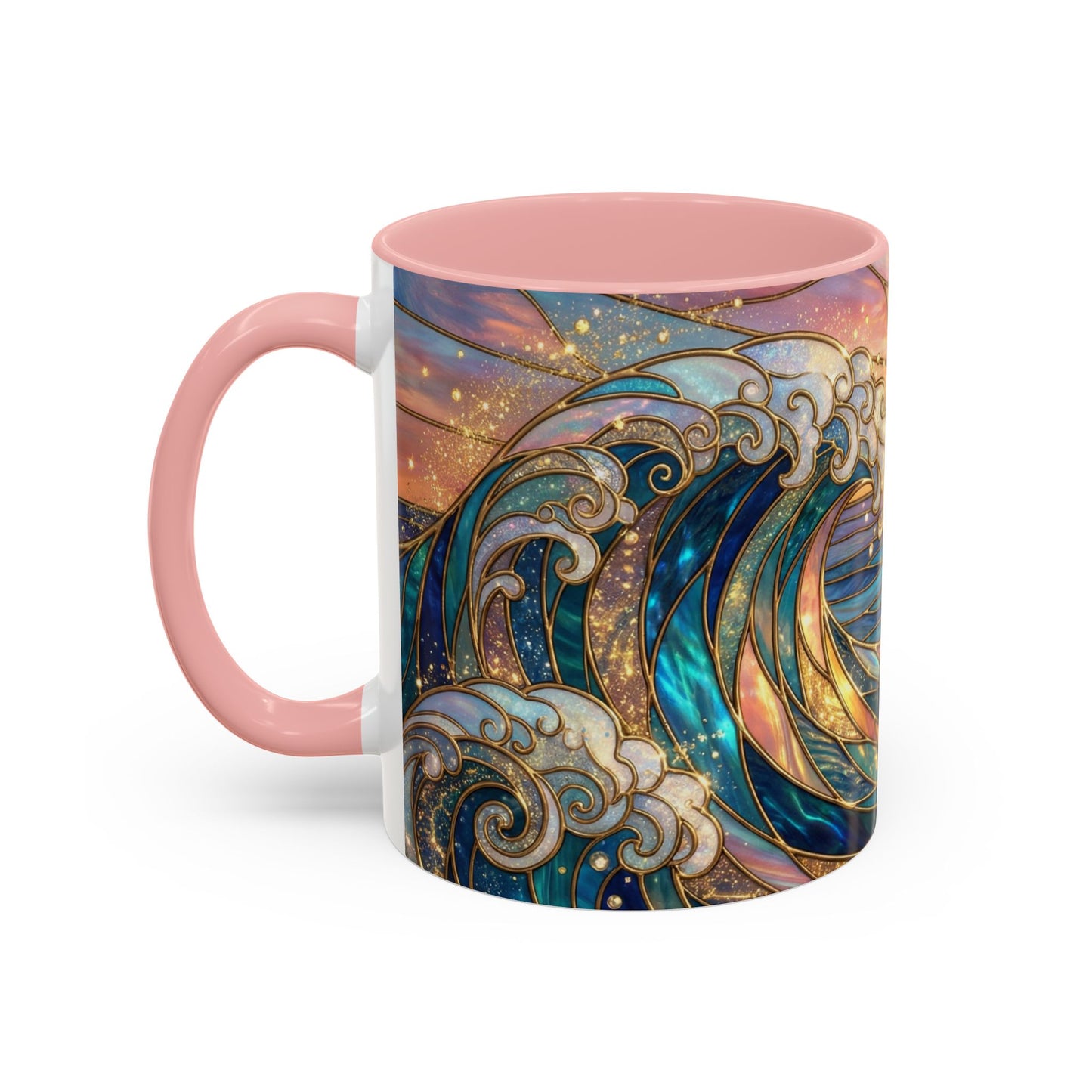Stained Glass Ocean Wave Mug, Sunrise Beach Coffee Cup, Japanese Art Gift, Coastal Decor Kitchen, Mosaic Sea Tea Cup, Blue Gold Nature Lover