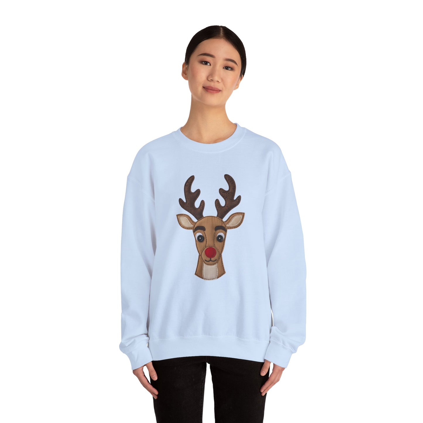Faux Patchwork Rudolph Sweatshirt, Cute Reindeer Christmas Crewneck, Cozy Holiday Pullover, Winter Reindeer Sweater, Xmas Gift for Women