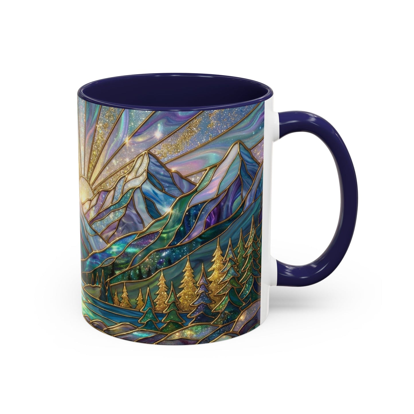 Stained Glass Mountain Mug, Mountain Landscape Coffee Cup, Galaxy Sky Nature Ceramic Mug, Sunrise River Forest Art, 11oz 15oz Gift