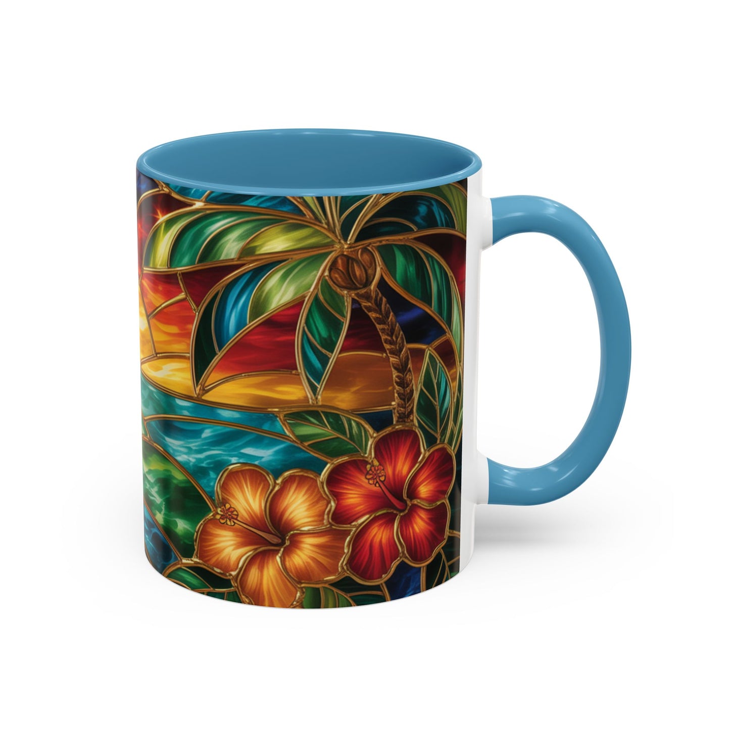 Stained Glass Tropical Sunset Mug, Hibiscus Flower Coffee Cup, Beach Lover Gift, Colorful Palm Tree Mug, Coastal Art Drinkware, Summer Cup