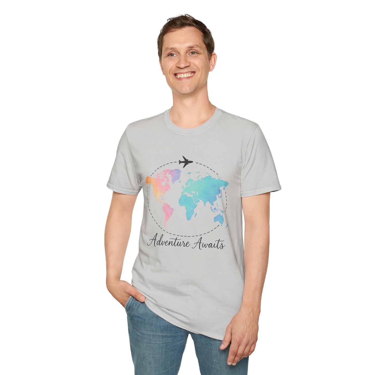 Adventure Awaits Travel Shirt | Watercolor World Map Tee for Women and Men | Wanderlust Gift for Travelers, Hikers, Campers, Beach Lovers