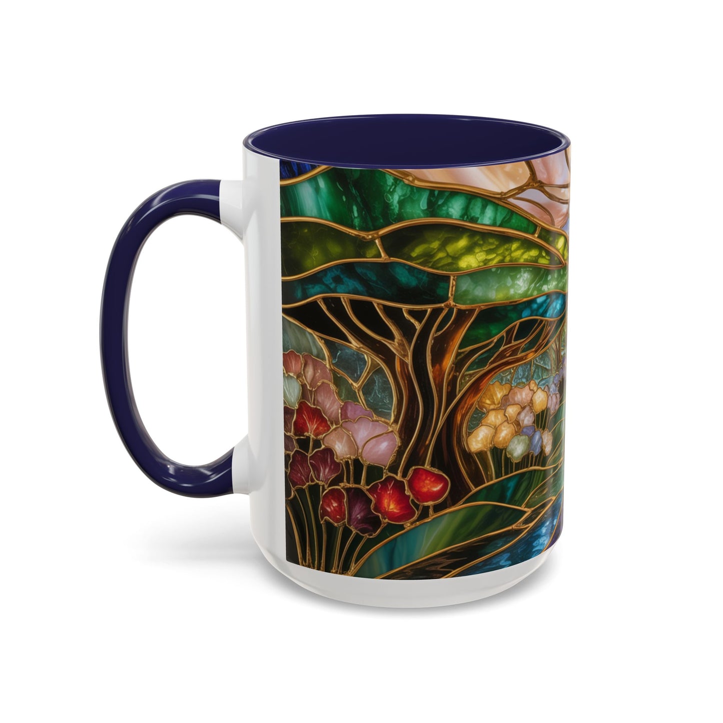Stained Glass Woodland Forest Mug, Tree & Flowers Coffee Cup, Nature Lover Gift, Artistic Woodland Art Mug, Rustic Home Decor Mug