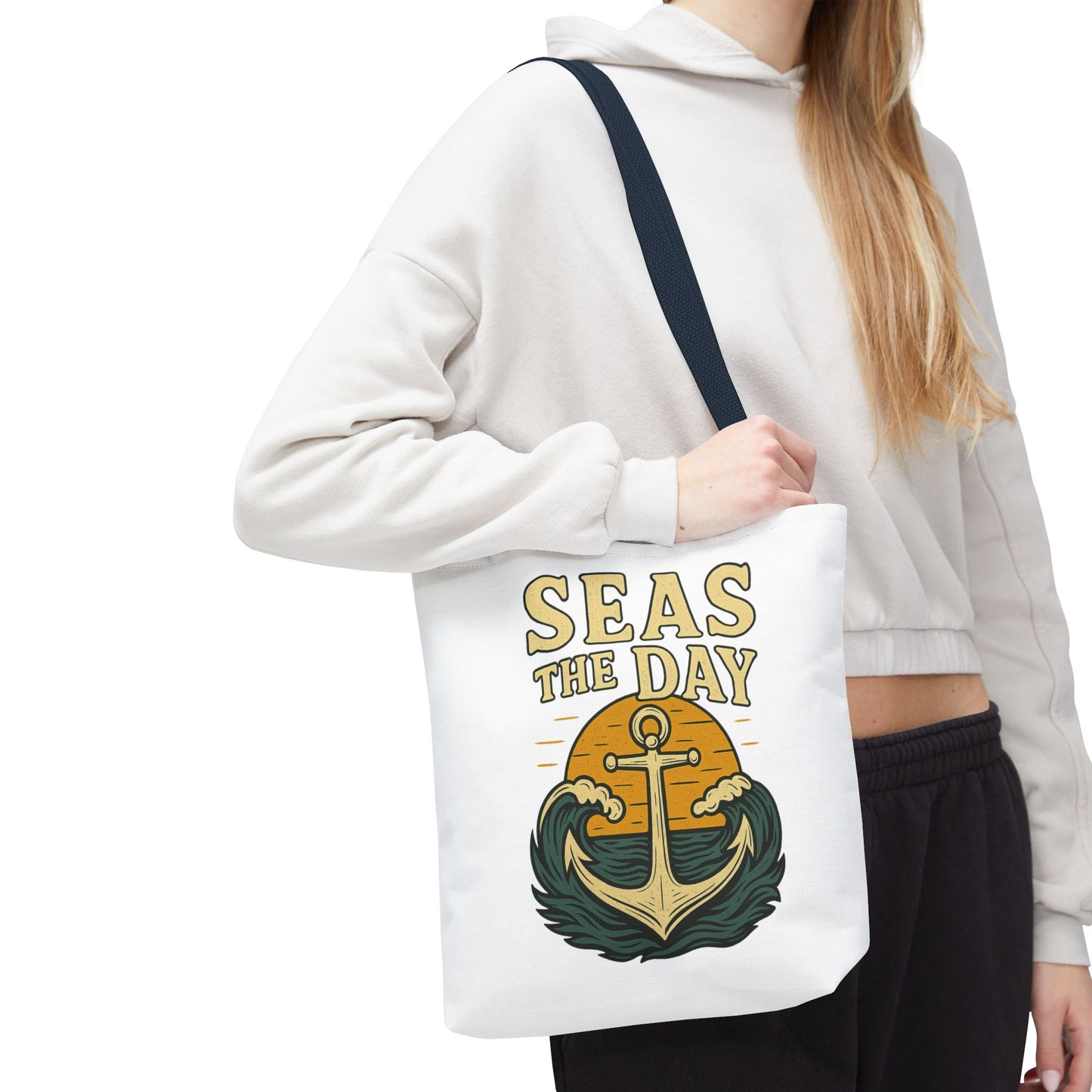 "Seas the Day" Nautical Tote Bag – Funny Beach Quote Canvas Bag with Anchor | Coastal Gift Idea for Summer, Travel, or Daily Use
