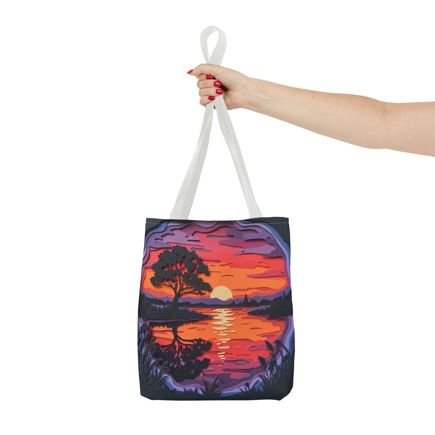 Sunset Landscape Canvas Tote Bag – Paper‑Art Inspired Nature Scene Tote – Colorful Sunset Market Tote, Eco Reusable Beach Bag, Vibrant Gift for Her