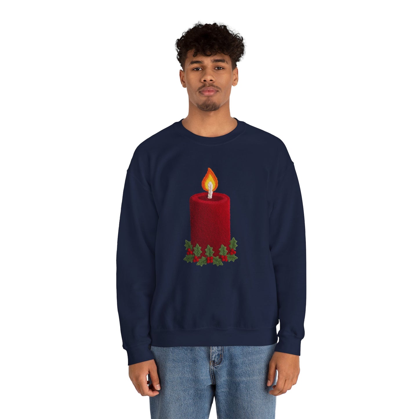 Faux Patchwork Crochet Candle Sweatshirt, Christmas Candle Sweater, Holiday Cozy Winter Crewneck, Cute Xmas Candle Sweatshirt, Unisex Holiday Top