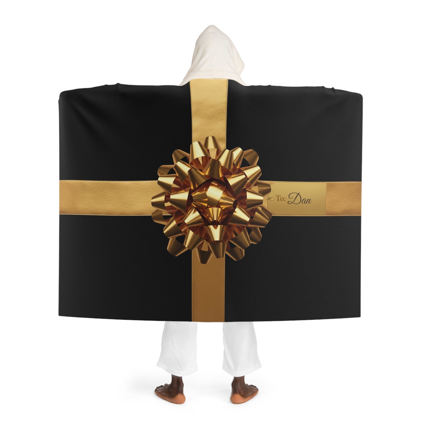 Custom Name Hooded Sherpa Blanket – Luxury Gift Wrap Design, Christmas Gift, Cozy Personalized Blanket w/ Gold Bow, Holiday Name Blanket