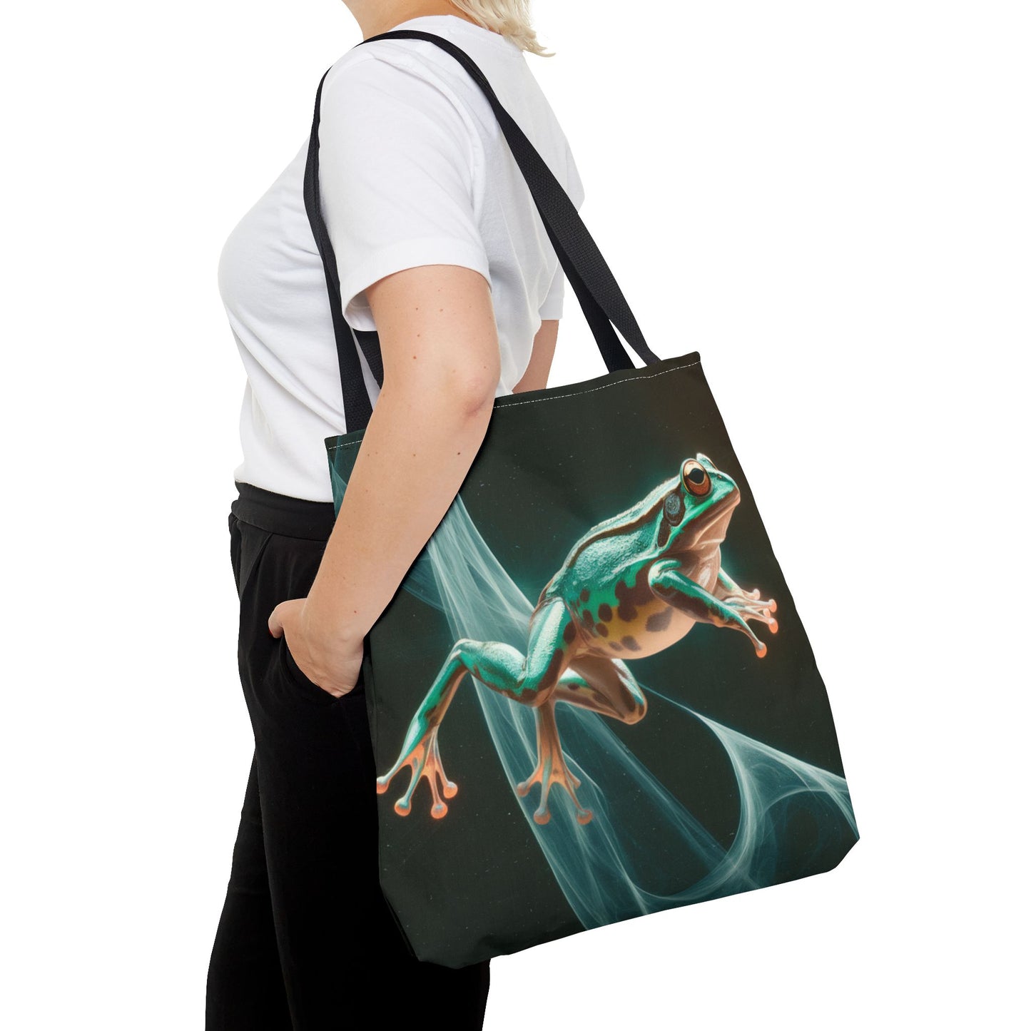 Frog in Motion Tote Bag, Nature-Inspired Green Frog Design Eco-Friendly Shoulder Bag, Artistic Reusable Tote For Everyday Use And Gifts