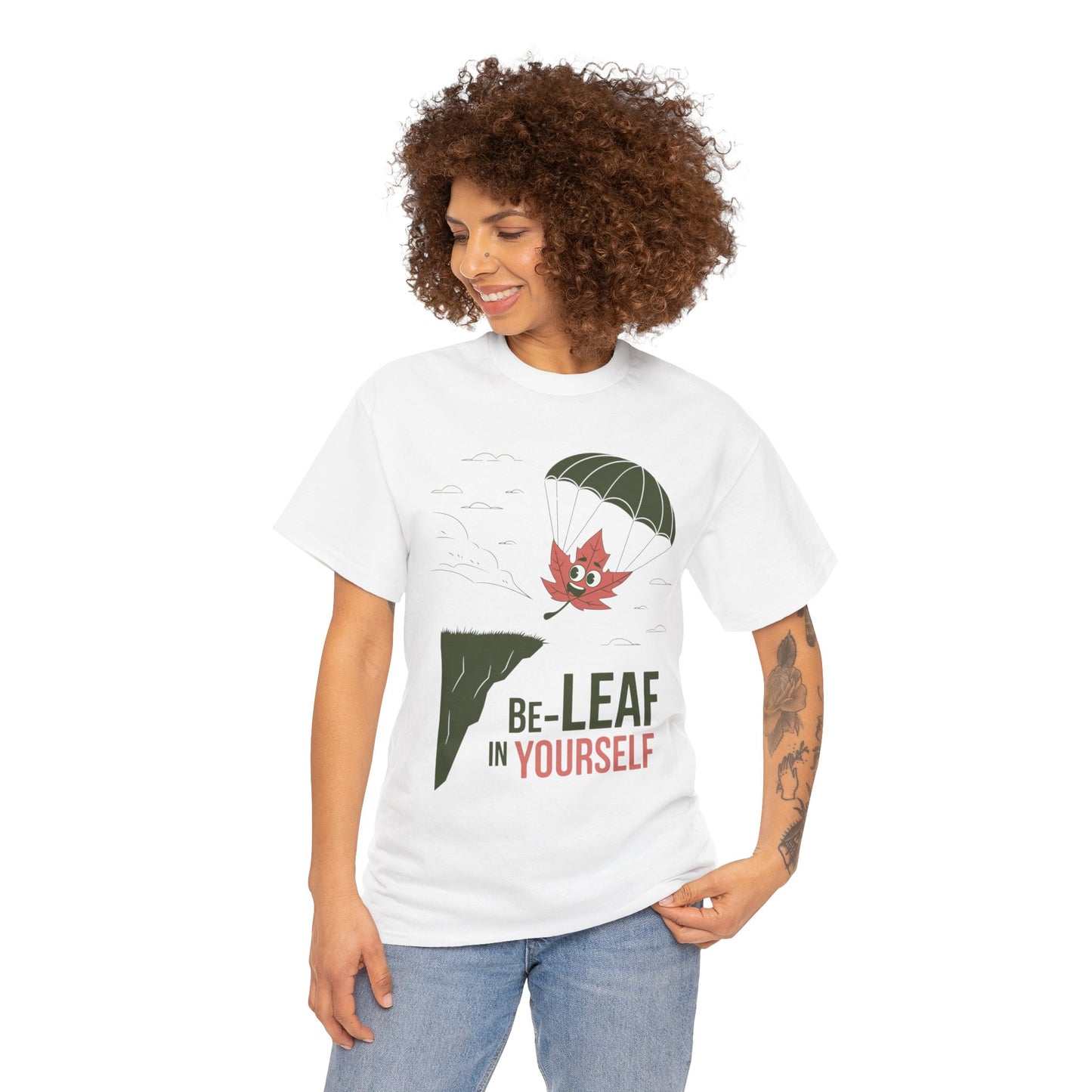 Be-Leaf In Yourself Maple Leaf Parachute T-Shirt | Funny Motivational Nature Graphic Tee | Self-Love Fall Autumn Shirt | Outdoorsy Gift