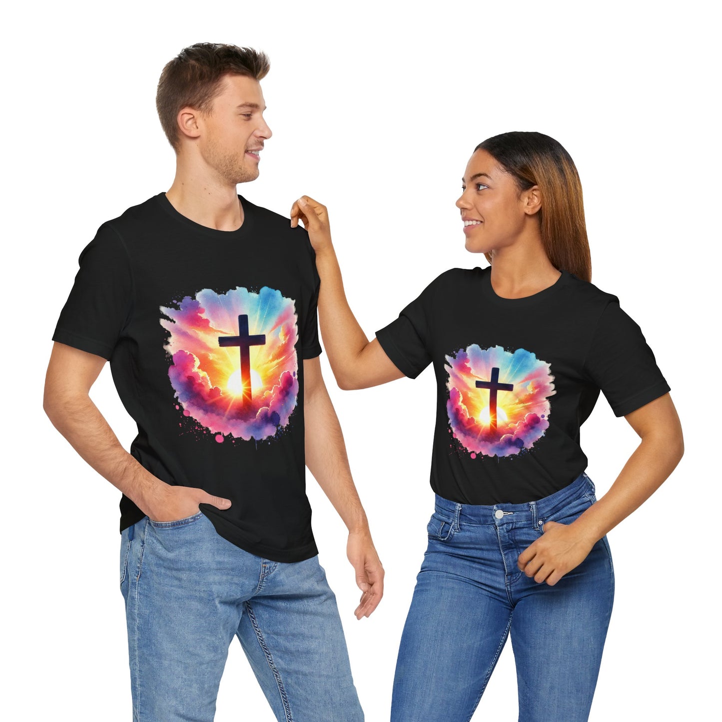 Faith Cross Sunburst Christian Tee | Inspirational Christian T-Shirt | Colorful Sunrise Cross Shirt | Faith Gifts for Women Men