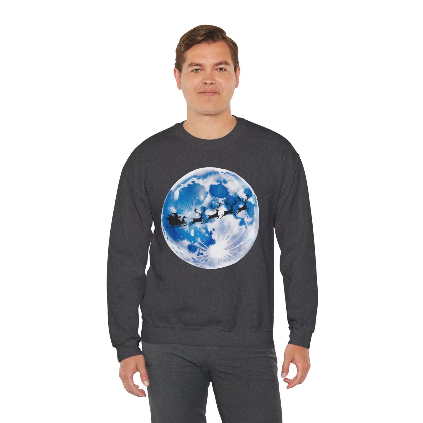 Santa And Reindeer Full Moon Christmas Sweatshirt, Holiday Night Sky Sweater, Cozy Unisex Crewneck, Festive Gift For Christmas Lovers