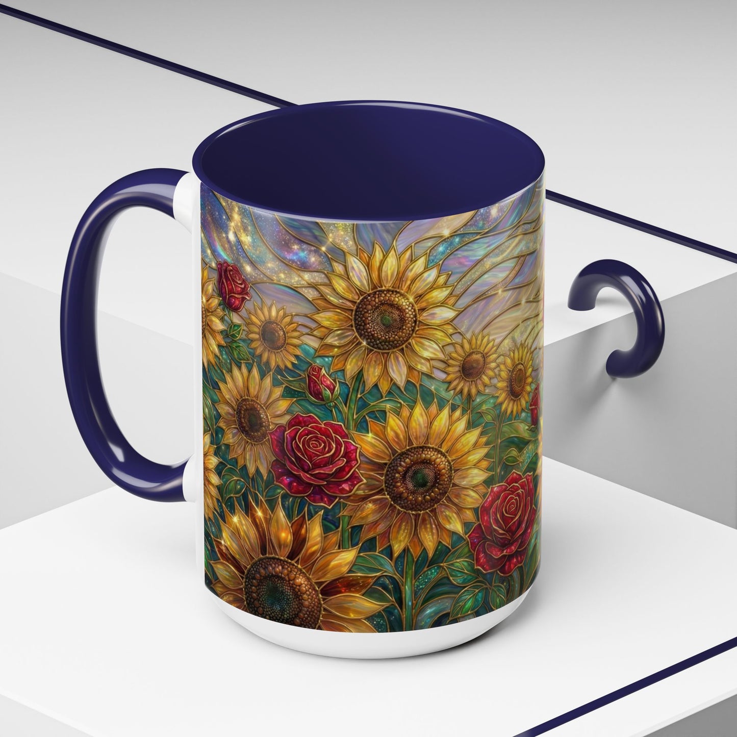 Personalized Stained Glass Sunflower Mug, Custom Red Rose Floral Coffee Cup, Celestial Night Sky Botanical Teacup, Gift For Flower Lover