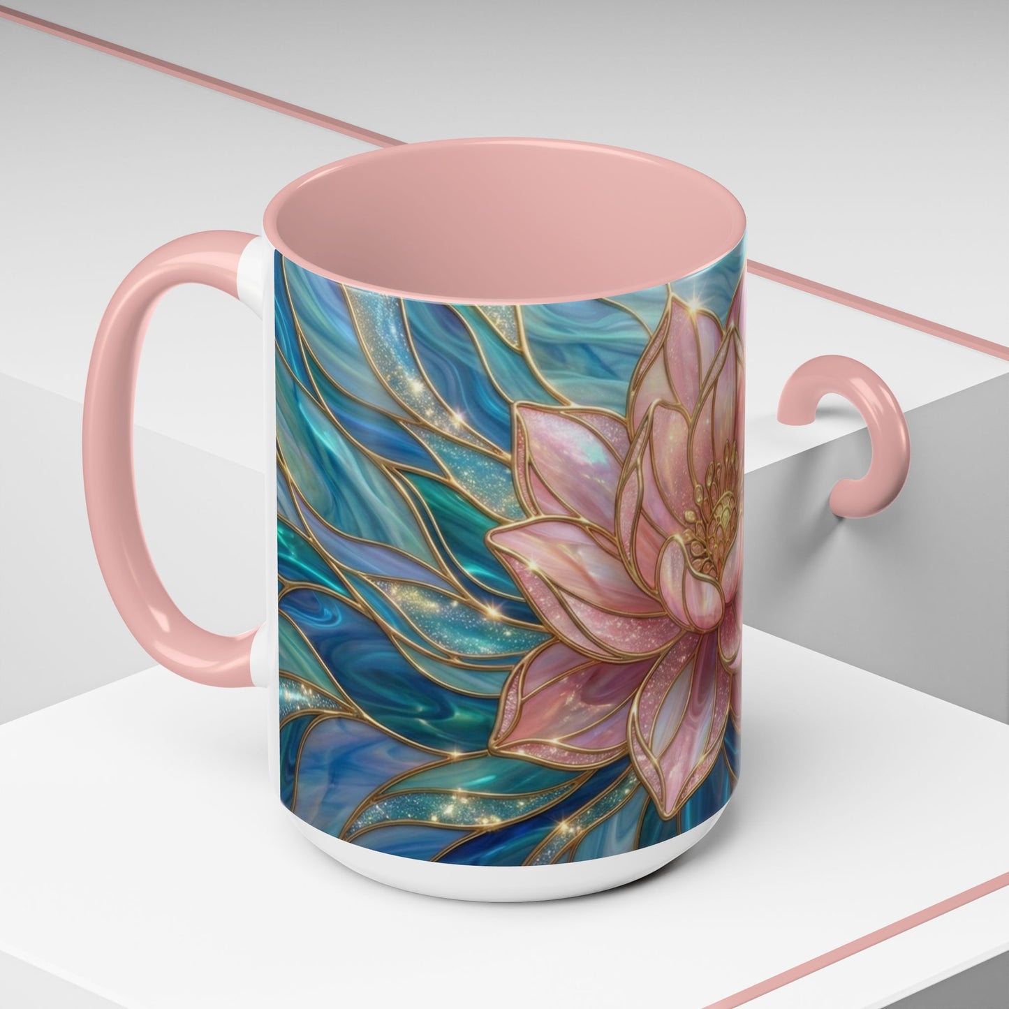 Pink Lotus Flower Mug, Stained Glass Style Coffee Cup, Spiritual Zen Gift For Women, Yoga Lover Tea Mug, Meditation Boho Floral Drinkware