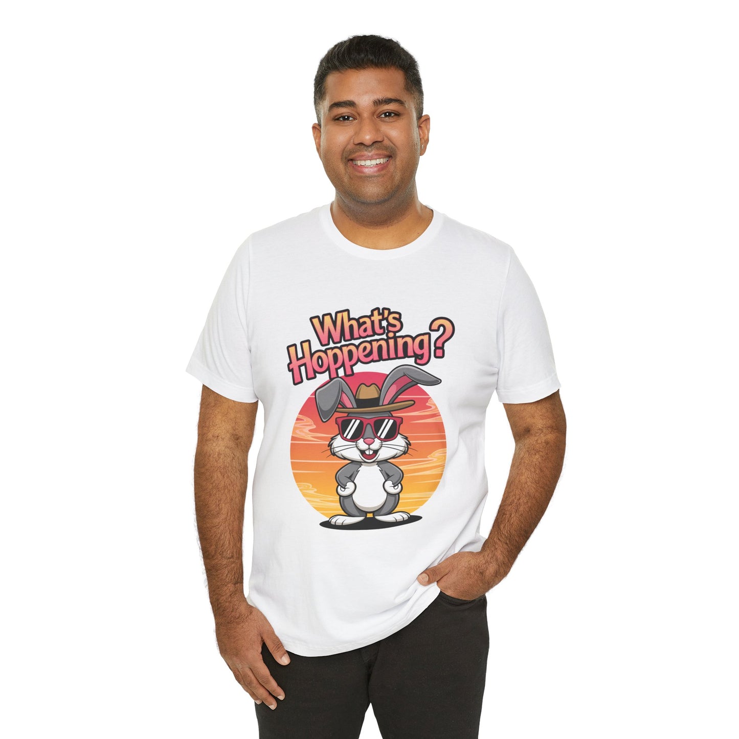 What’s Hoppening Funny Bunny Shirt – Cute Rabbit Pun T-Shirt – Sunset Graphic Tee for Animal Lovers, Easter, and Pun Enthusiasts