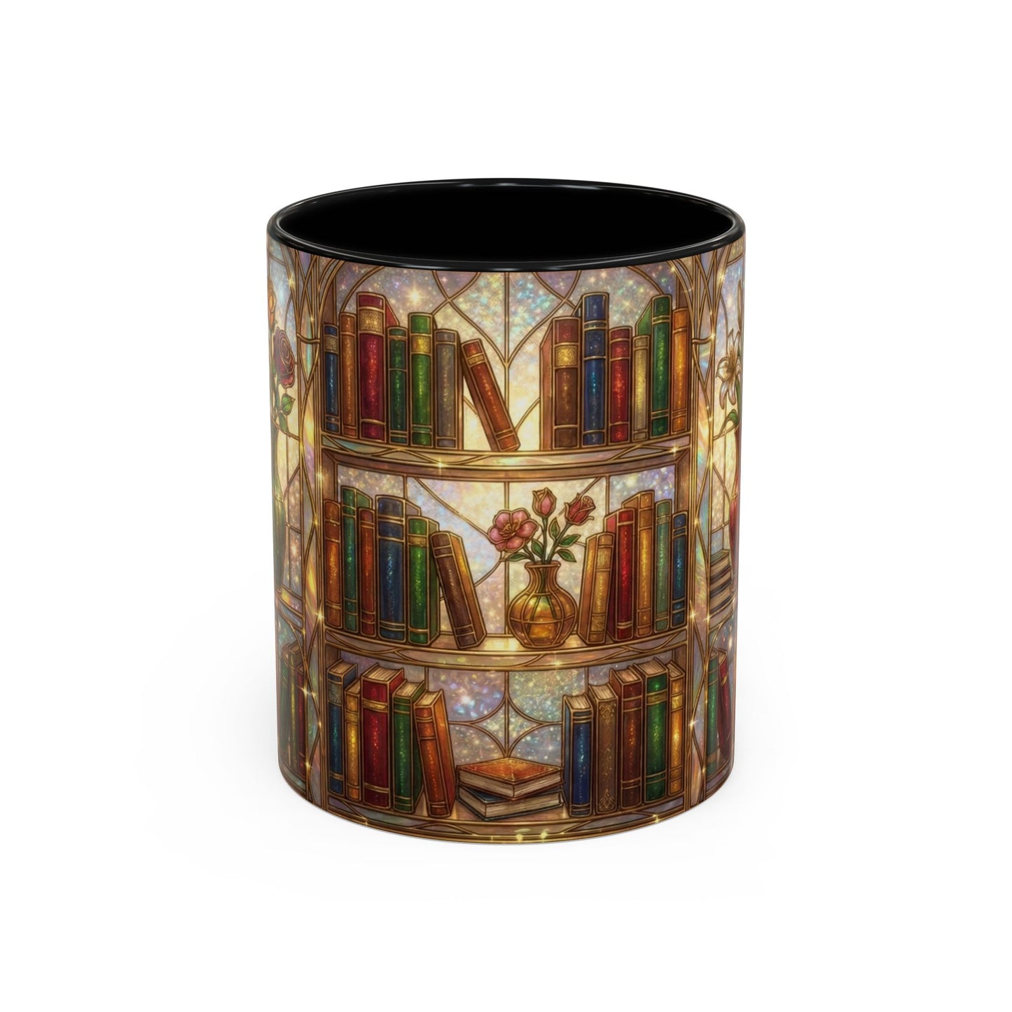 Stained Glass Books Mug, Book Lover Coffee Mug, Cozy Library Mug, Bookish Gift For Readers, Dark Academia Mug, Floral Bookshelf Cup
