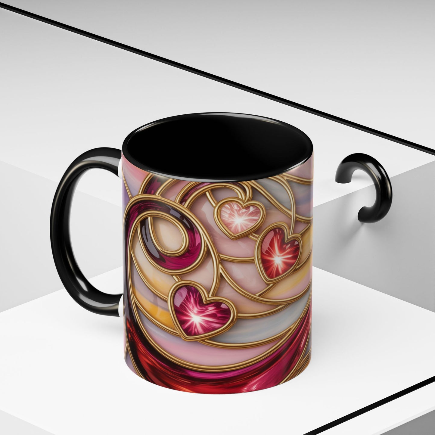 Stained Glass Heart Mug, Romantic Love Coffee Cup, Pink Red Gold Glass Style Mug, Valentine Gift For Her, Anniversary Wedding Decor