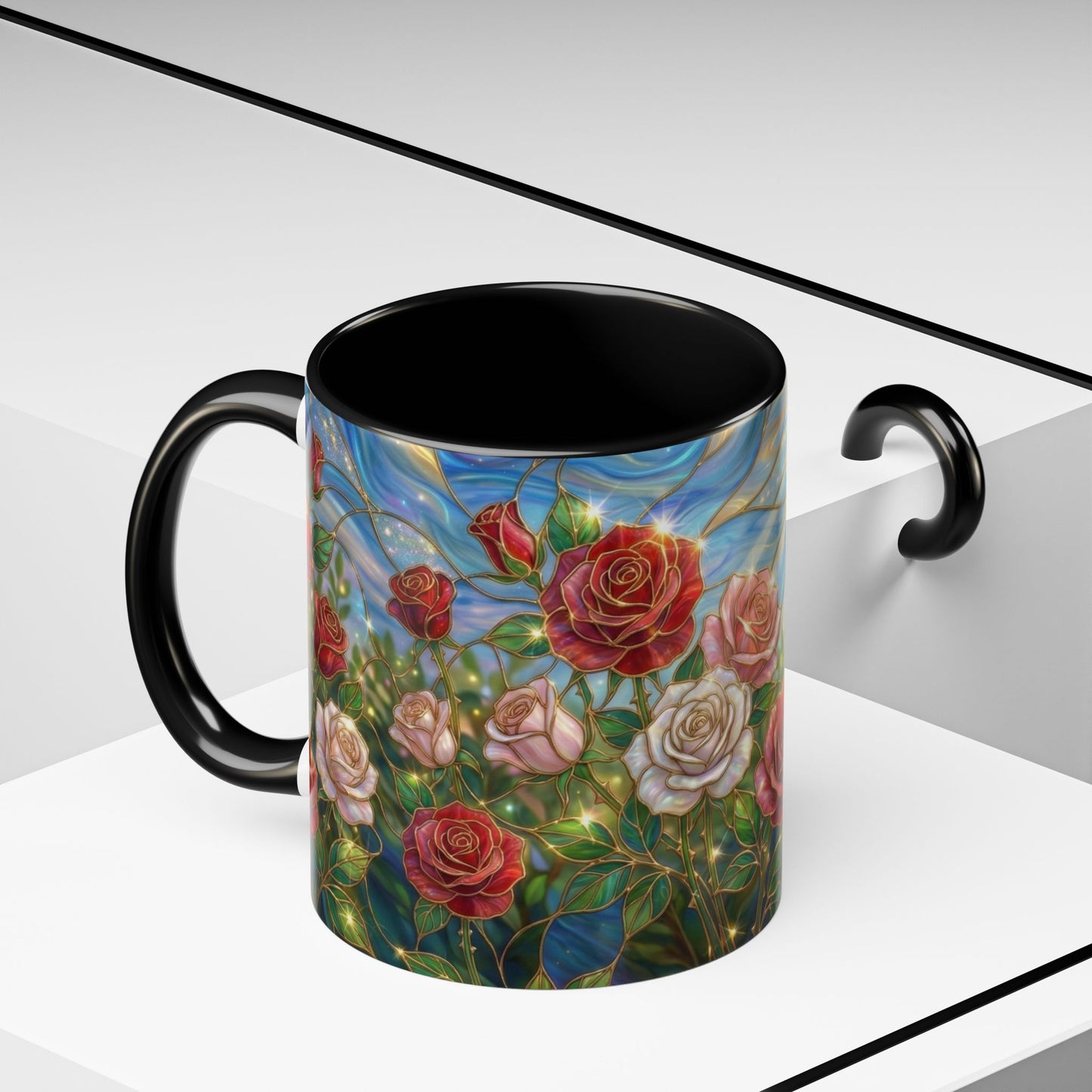 Stained Glass Rose Garden Mug, Floral Rose Coffee Cup, Elegant Flower Mug, Blue Green Gold Glass Style Design, Romantic Gift For Her