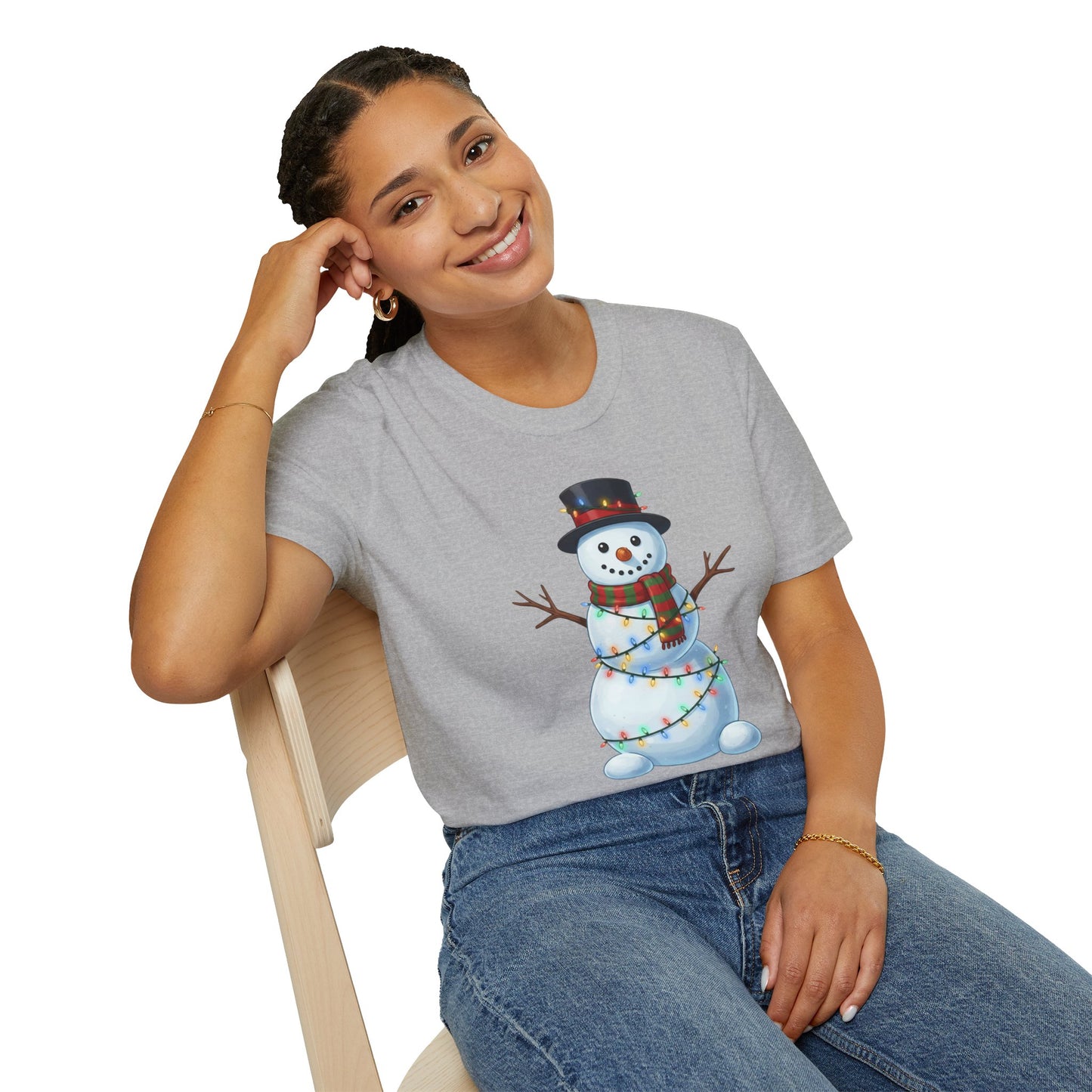 Cute Snowman Christmas Shirt, Snowman Wrapped in Christmas Lights Tee, Holiday Winter Snowman Top Hat Shirt, Funny Cozy Christmas T Shirt