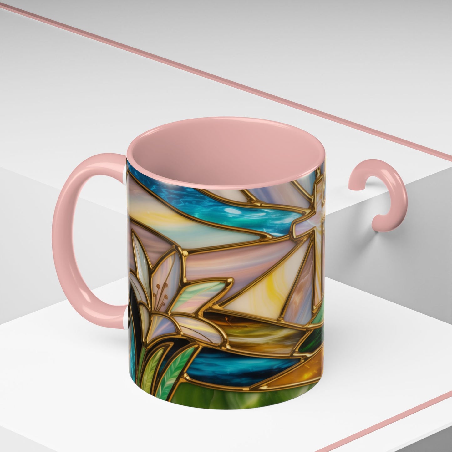Stained Glass Cross Mug, Christian Sunrise Coffee Cup, Religious Floral Art Mug, Inspirational Faith Gift For Women, Colorful Stained Glass Design