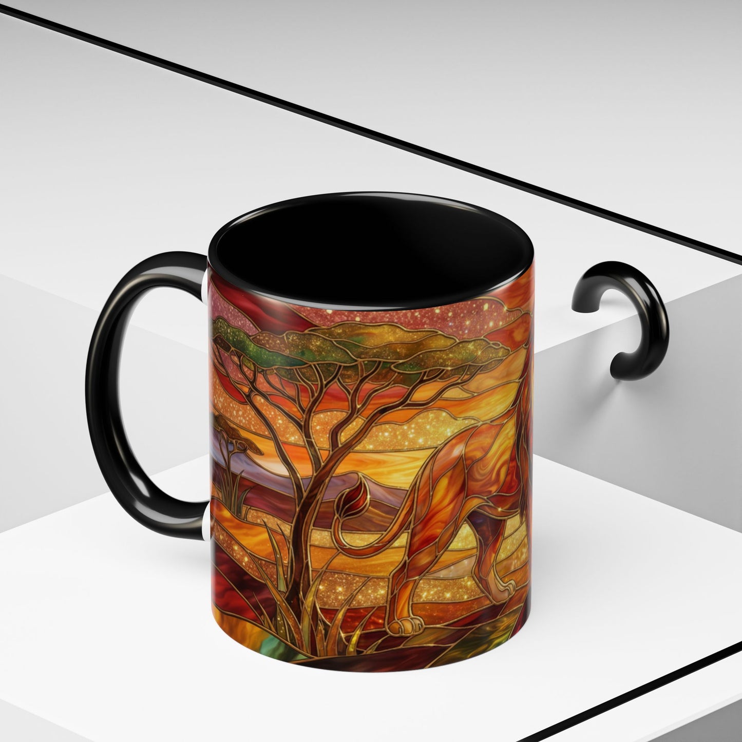 Stained Glass Lion Mug, Majestic Lion Coffee Cup, African Sunset Art Mug, Safari Wildlife Gift, Colorful Lion Lover Ceramic Mug