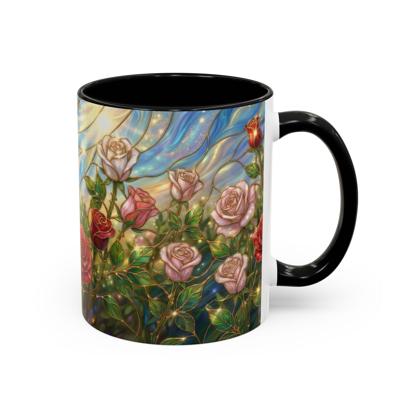 Stained Glass Rose Garden Mug, Floral Rose Coffee Cup, Elegant Flower Mug, Blue Green Gold Glass Style Design, Romantic Gift For Her