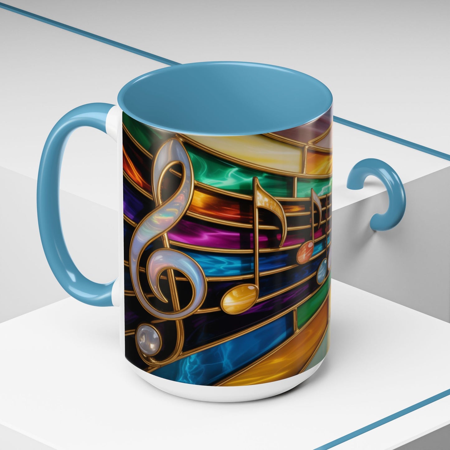 Stained glass music mug, musical notes coffee cup, colorful musician gift mug, music lover present, treble clef art mug, music teacher gift