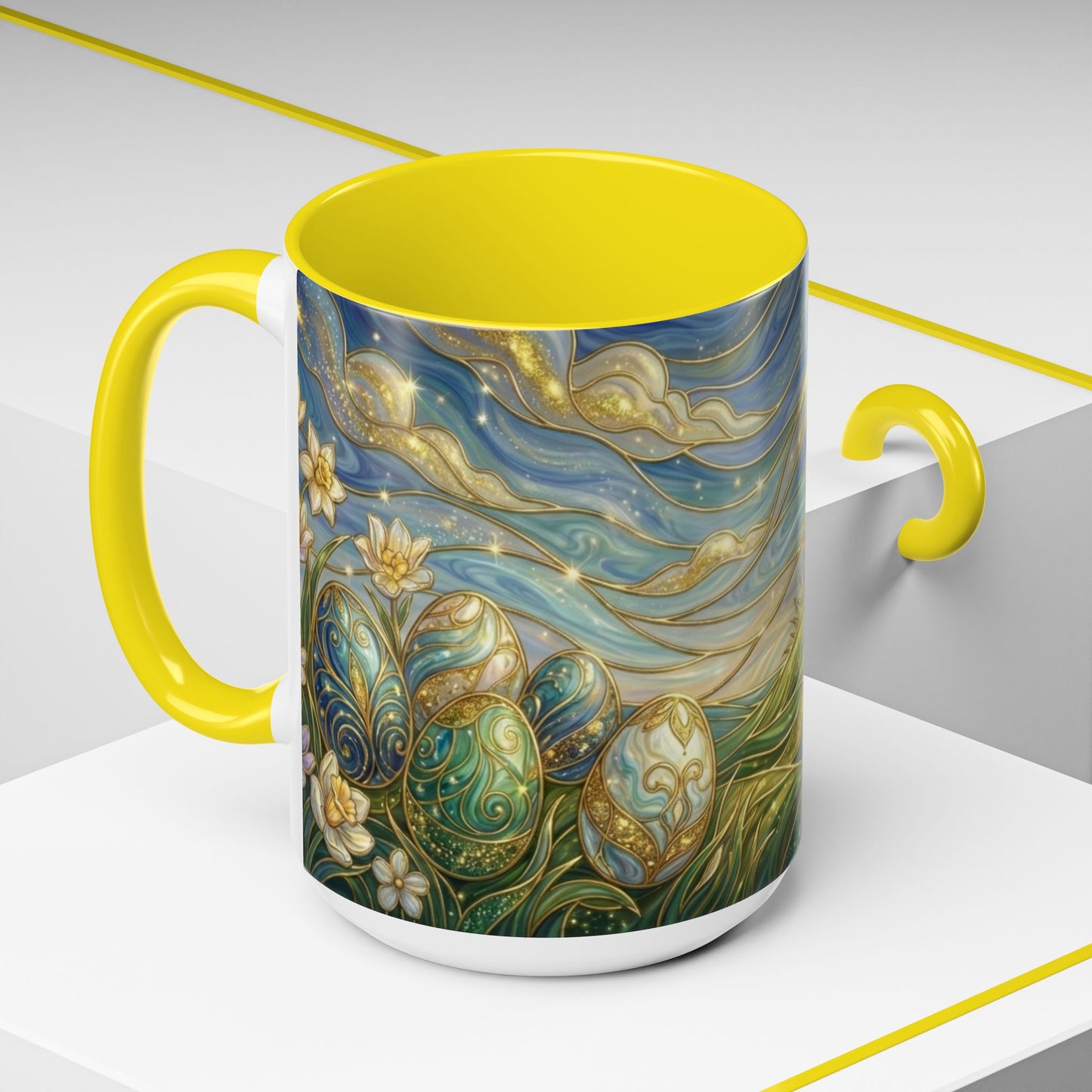 Stained Glass Easter Egg Mug, Magical Spring Floral Coffee Cup, Art Nouveau Fantasy Teacup, Elegant Celestial Starry Sky Mug Gift Idea