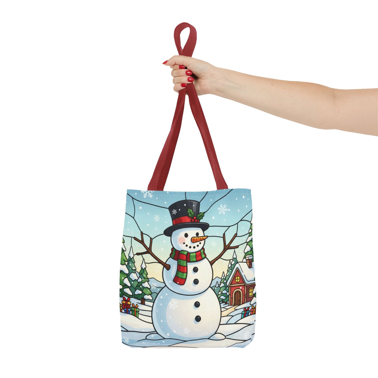 Stained Glass Snowman Christmas Tote Bag, Holiday Art Tote, Festive Winter Gift Bag, Colorful Christmas Scene Reusable Shopping Bag