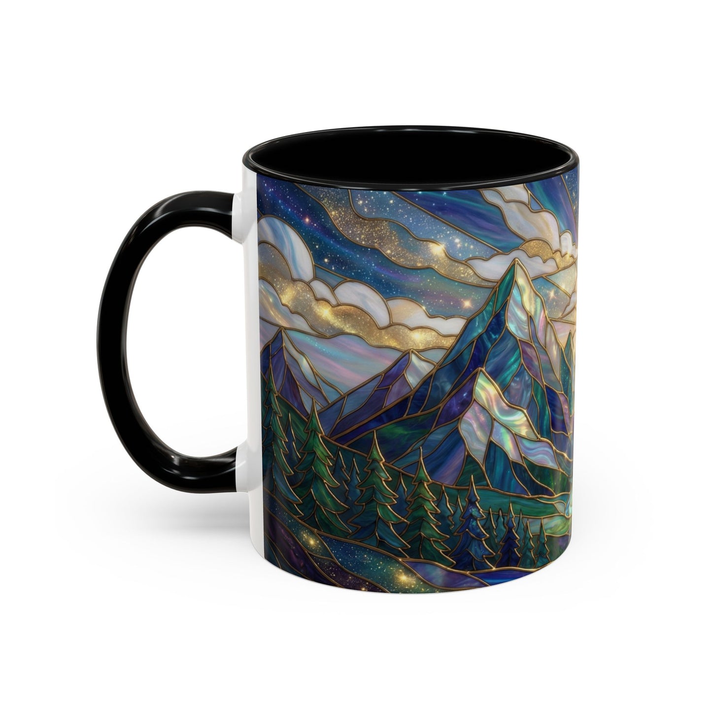 Mountain Art Mug, Scenic Mountain Coffee Cup, Nature Lover Ceramic Mug, Stained Glass Style Landscape, 11oz 15oz Gift, Outdoor Hiking Mug, Unique Coffee Tea Cup
