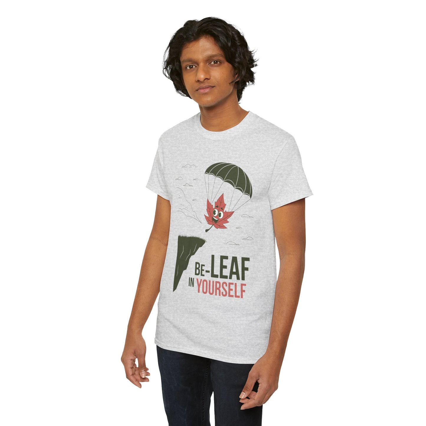 Be-Leaf In Yourself Maple Leaf Parachute T-Shirt | Funny Motivational Nature Graphic Tee | Self-Love Fall Autumn Shirt | Outdoorsy Gift