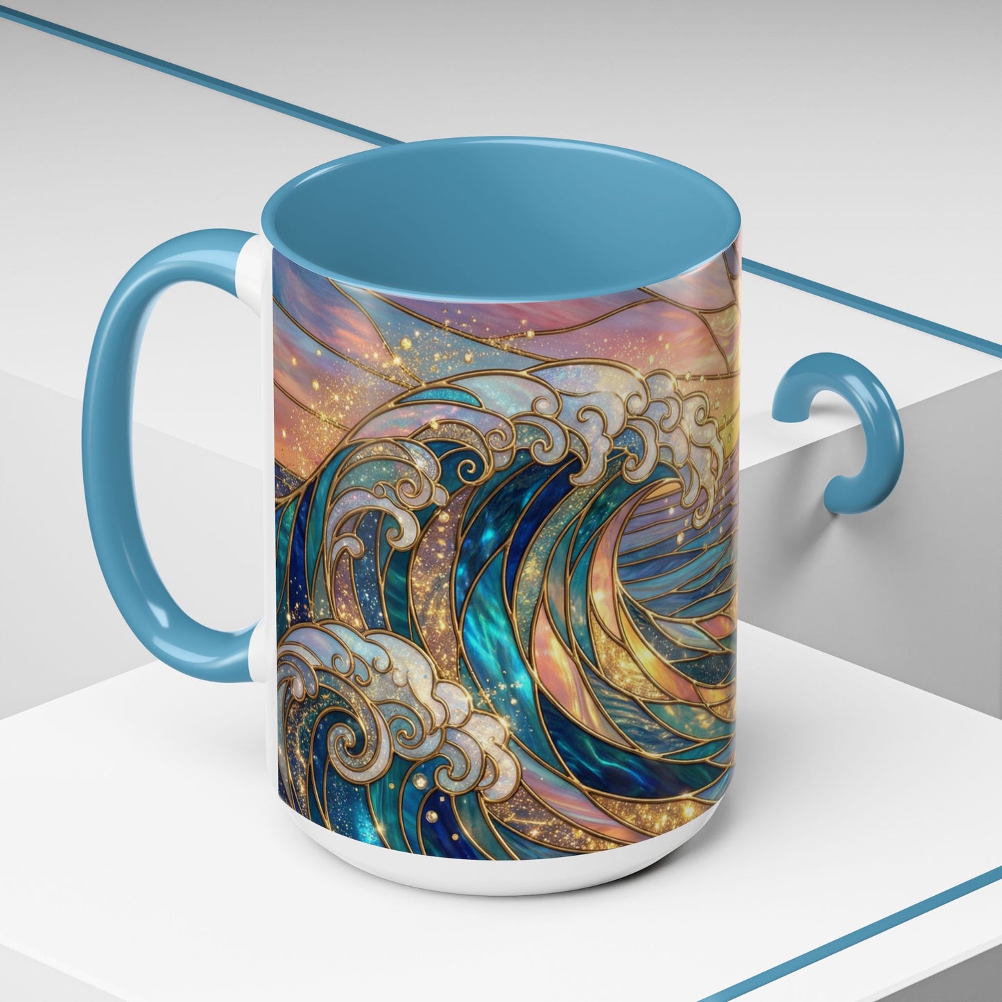 Stained Glass Ocean Wave Mug, Sunrise Beach Coffee Cup, Japanese Art Gift, Coastal Decor Kitchen, Mosaic Sea Tea Cup, Blue Gold Nature Lover