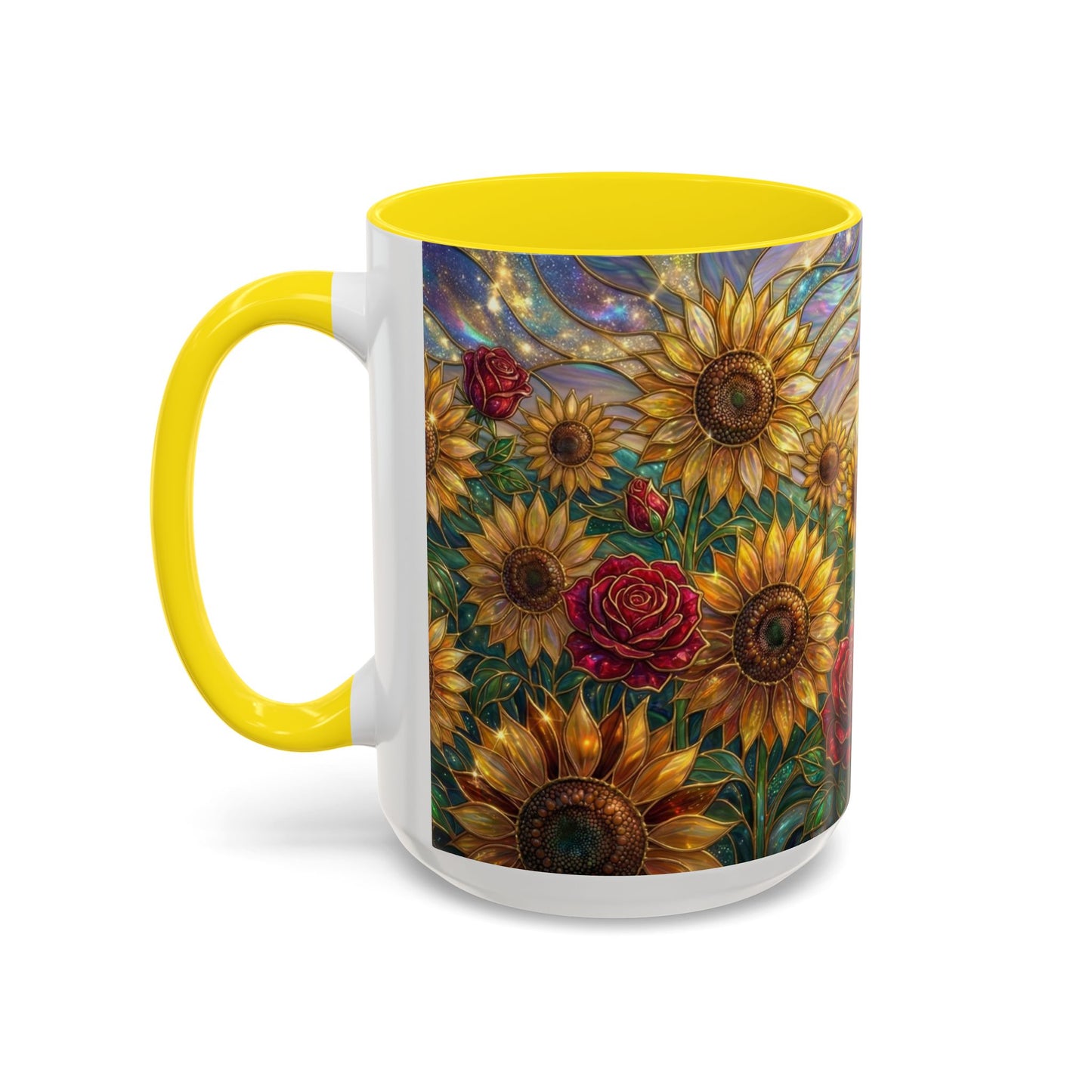Personalized Stained Glass Sunflower Mug, Custom Red Rose Floral Coffee Cup, Celestial Night Sky Botanical Teacup, Gift For Flower Lover