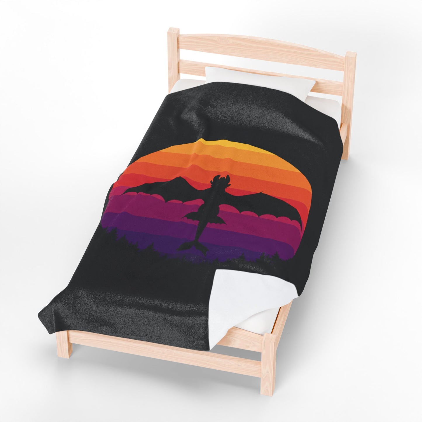 Dragon Sunset Blanket - Retro Dragon Fleece Throw - Fantasy Bedding Gift - Cool Gamer Blanket - Dragon Decor - Cozy Bed Cover for Fans