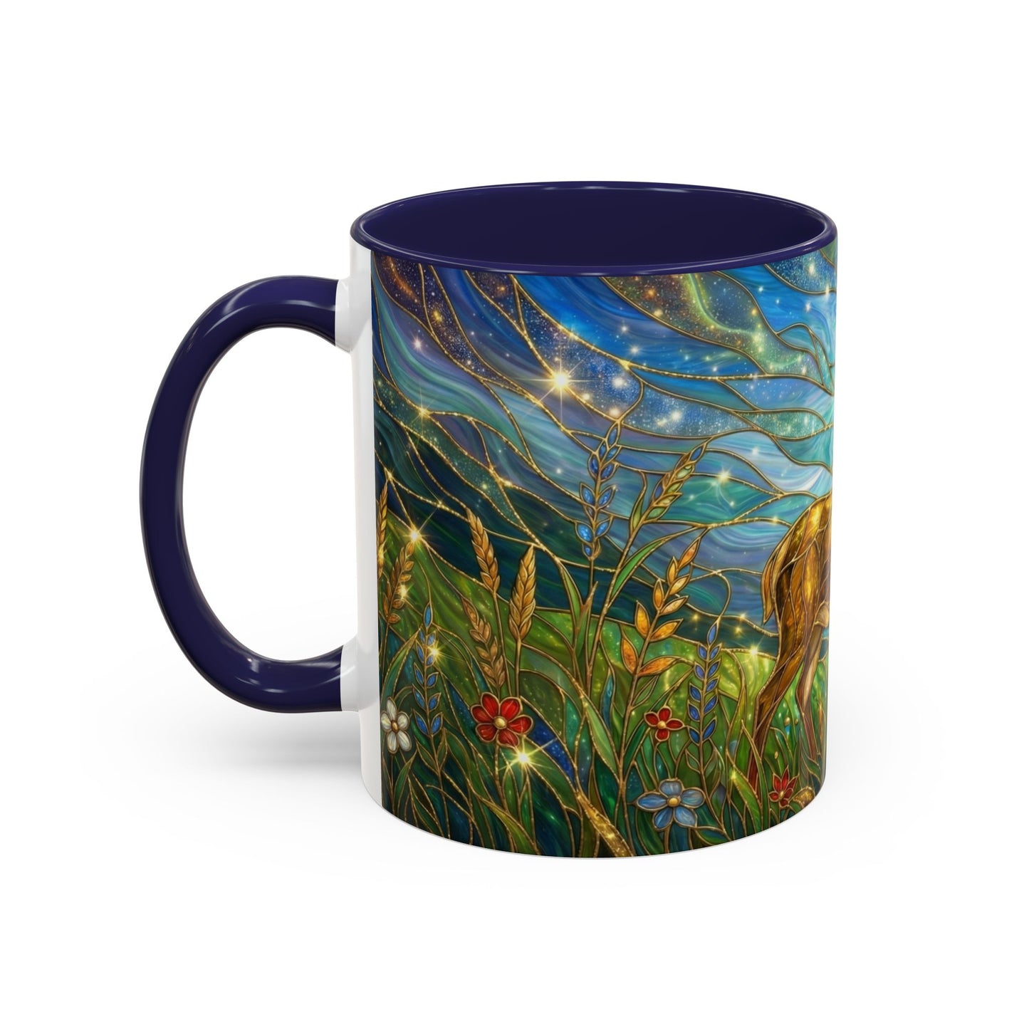 Stained Glass Deer Mug, Woodland Art Coffee Cup, Nature Forest Mug, Blue Green Gold Glass Style Mug, Gift For Nature Lovers Decor