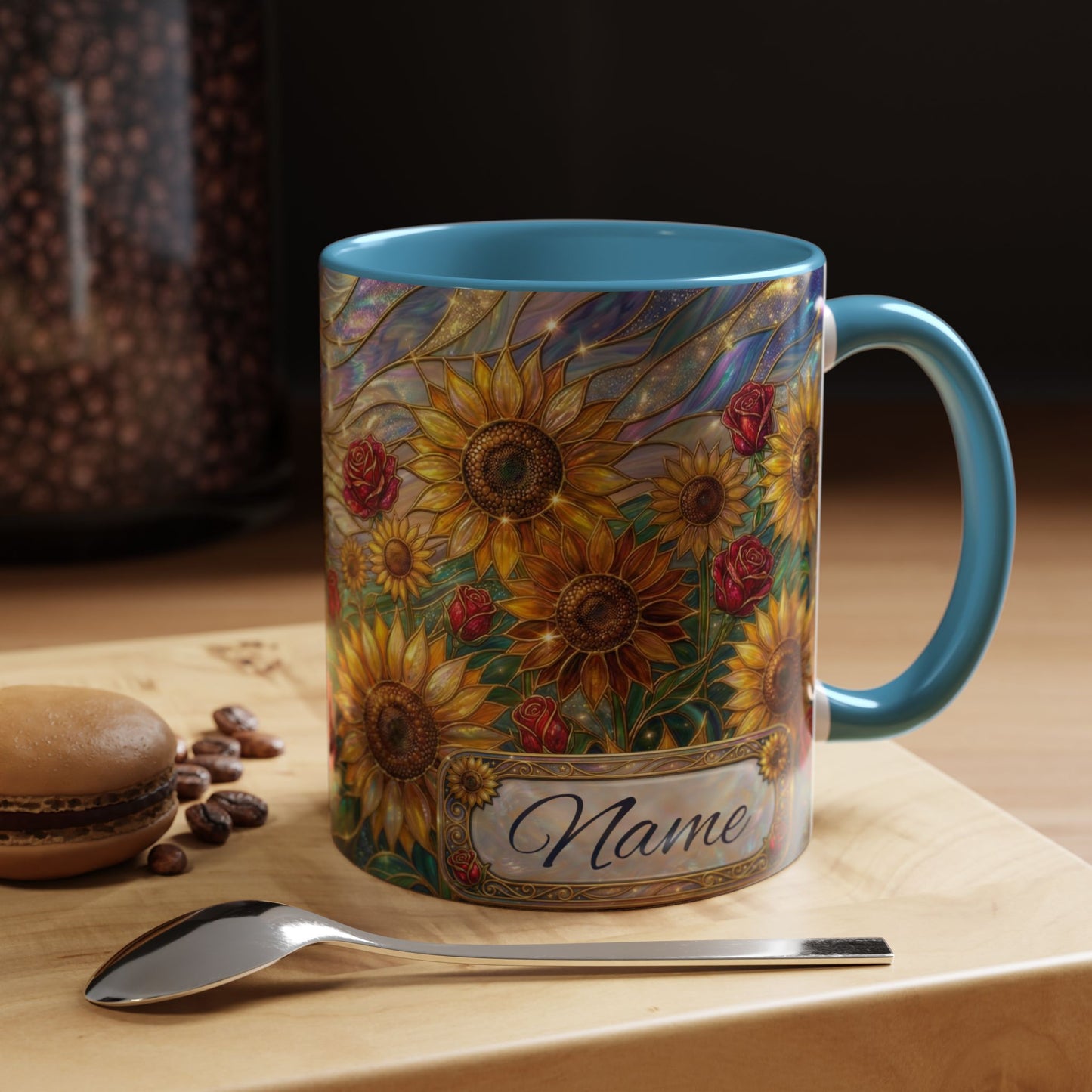 Personalized Stained Glass Sunflower Mug, Custom Red Rose Floral Coffee Cup, Celestial Night Sky Botanical Teacup, Gift For Flower Lover