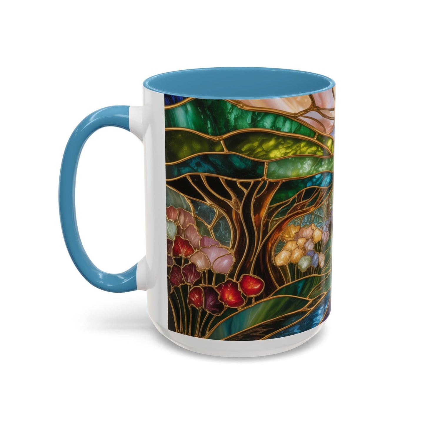 Stained Glass Woodland Forest Mug, Tree & Flowers Coffee Cup, Nature Lover Gift, Artistic Woodland Art Mug, Rustic Home Decor Mug