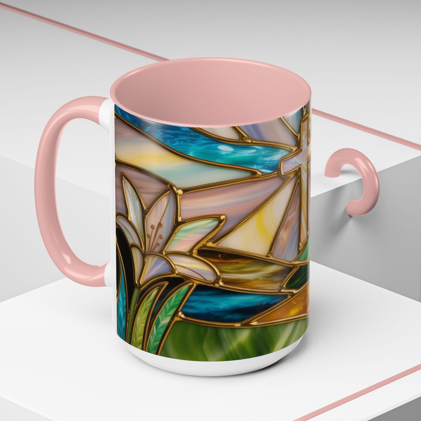 Stained Glass Cross Mug, Christian Sunrise Coffee Cup, Religious Floral Art Mug, Inspirational Faith Gift For Women, Colorful Stained Glass Design