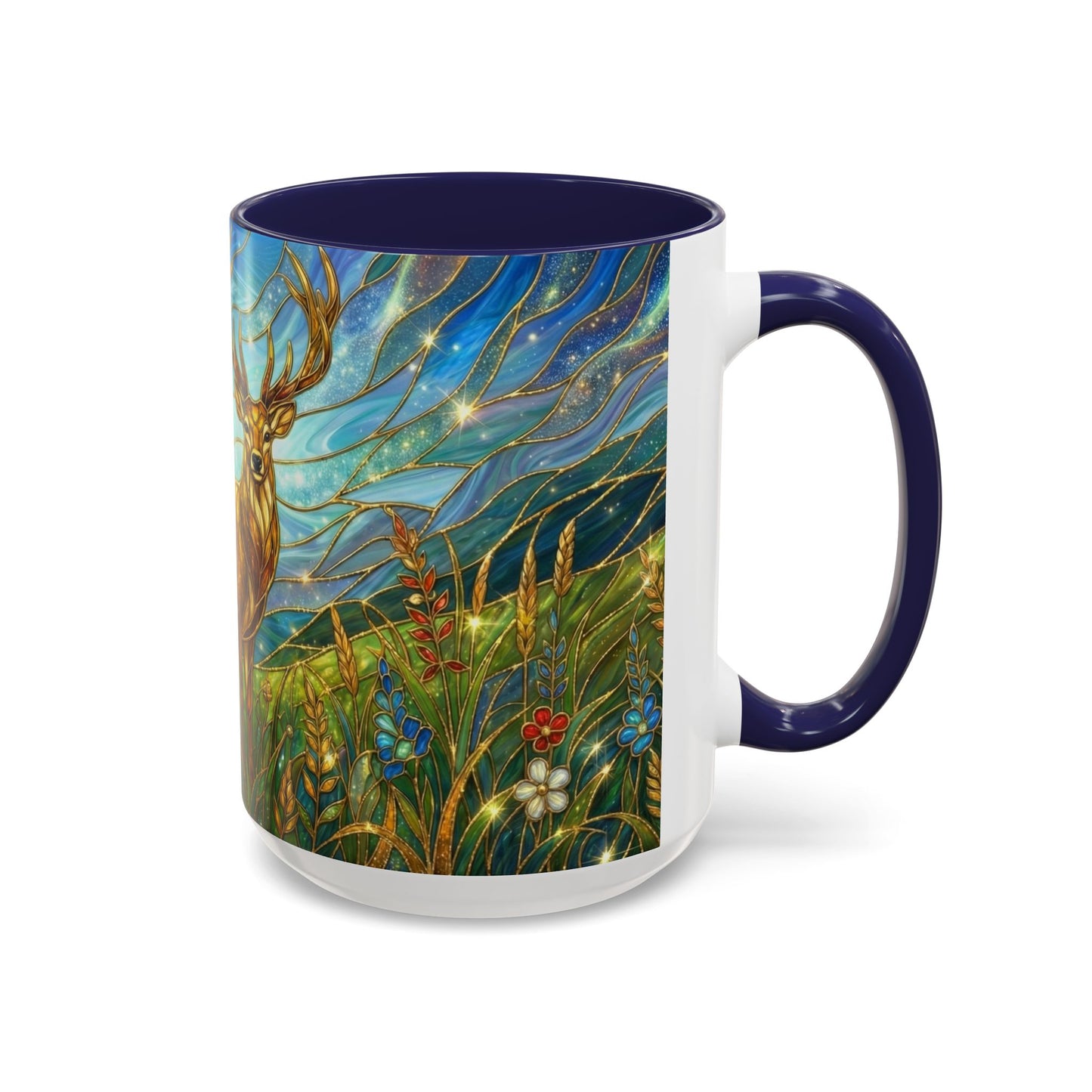 Stained Glass Deer Mug, Woodland Art Coffee Cup, Nature Forest Mug, Blue Green Gold Glass Style Mug, Gift For Nature Lovers Decor